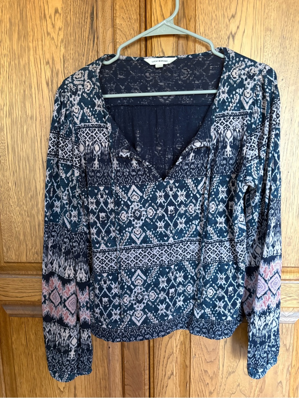Lucky Brand Navy and Ivory Patterned Long-Sleeve Top with Pink Accents